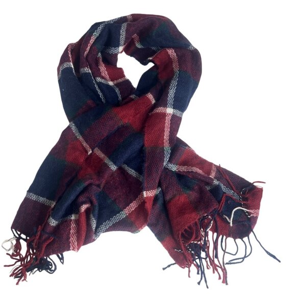 Charlotte Russe Plaid Fringed Scarf Rectangle Red Blue Soft Warm Winter - Picture 1 of 5